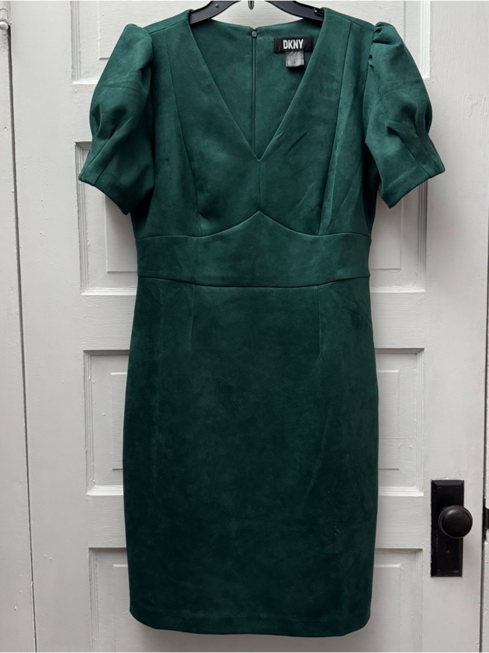 DKNY Emerald Green Sheath Dress Size 12 Puff Sleeve V Neck Career Chic - Picture 1 of 7